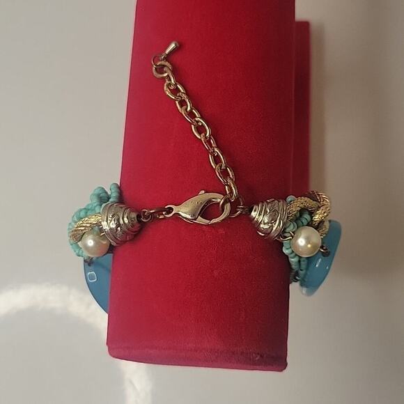 Aqua Beaded and Gold Tone Chain Layered Chunky Southwestern 7" Bracelet - Picture 2 of 2